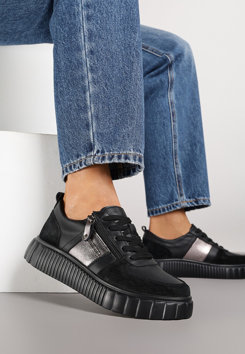 Czarne Sneakersy ze Skóry Naturalnej z Metalicznym Zdobieniem Zorentee 2
