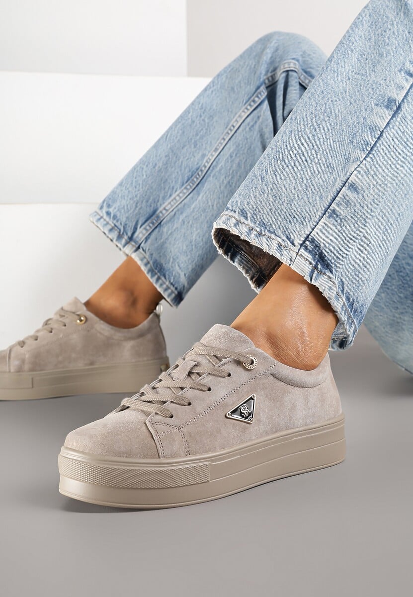 Szare Sneakersy na Platformie z Zamszu Naturalnego Ozdobione Aplikacją Beliale 2