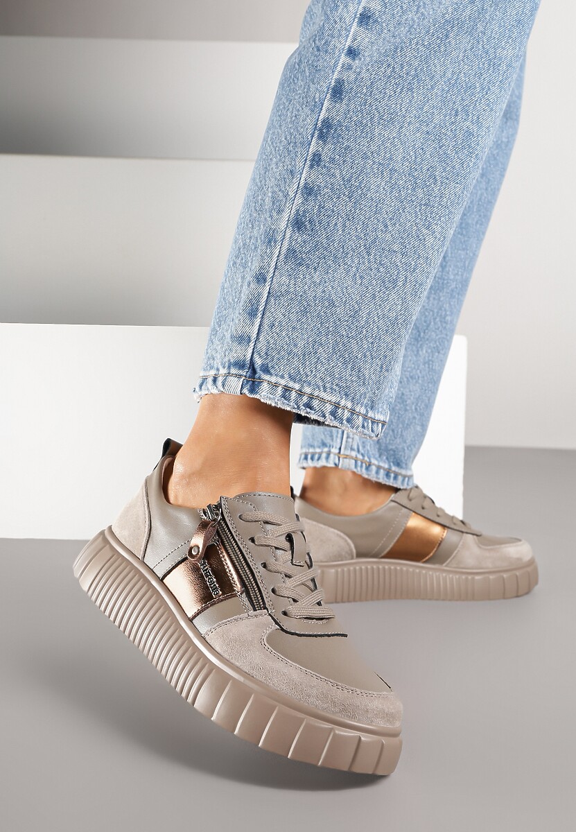 Szare Sneakersy ze Skóry Naturalnej z Metalicznym Zdobieniem Zorentee 1