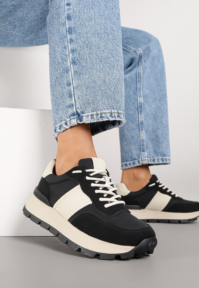 Czarno-Beżowe Sneakersy na Platformie z Tłoczeniem Tillivalle 2