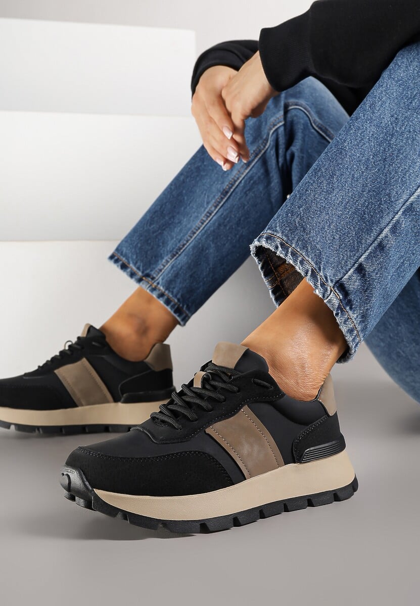 Czarno-Brązowe Sneakersy na Platformie z Tłoczeniem Tillivalle 1