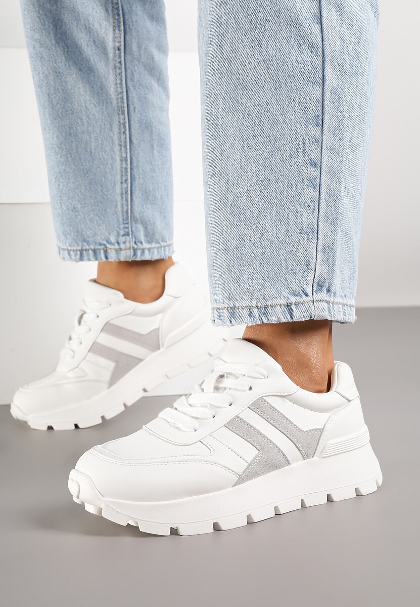 Biało-Szare Sneakersy na Grubej Podeszwie Zdobione Przeszyciami Lulline 2