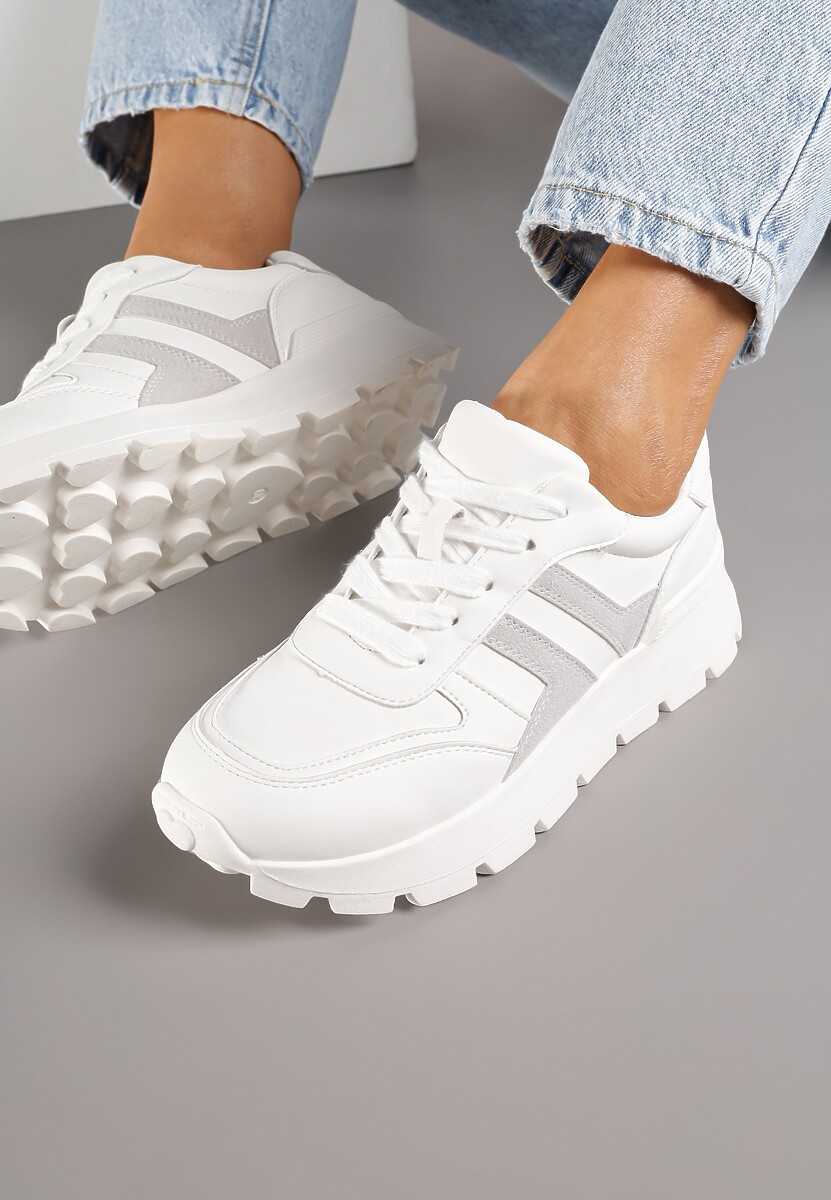 Biało-Szare Sneakersy na Grubej Podeszwie Zdobione Przeszyciami Lulline 3