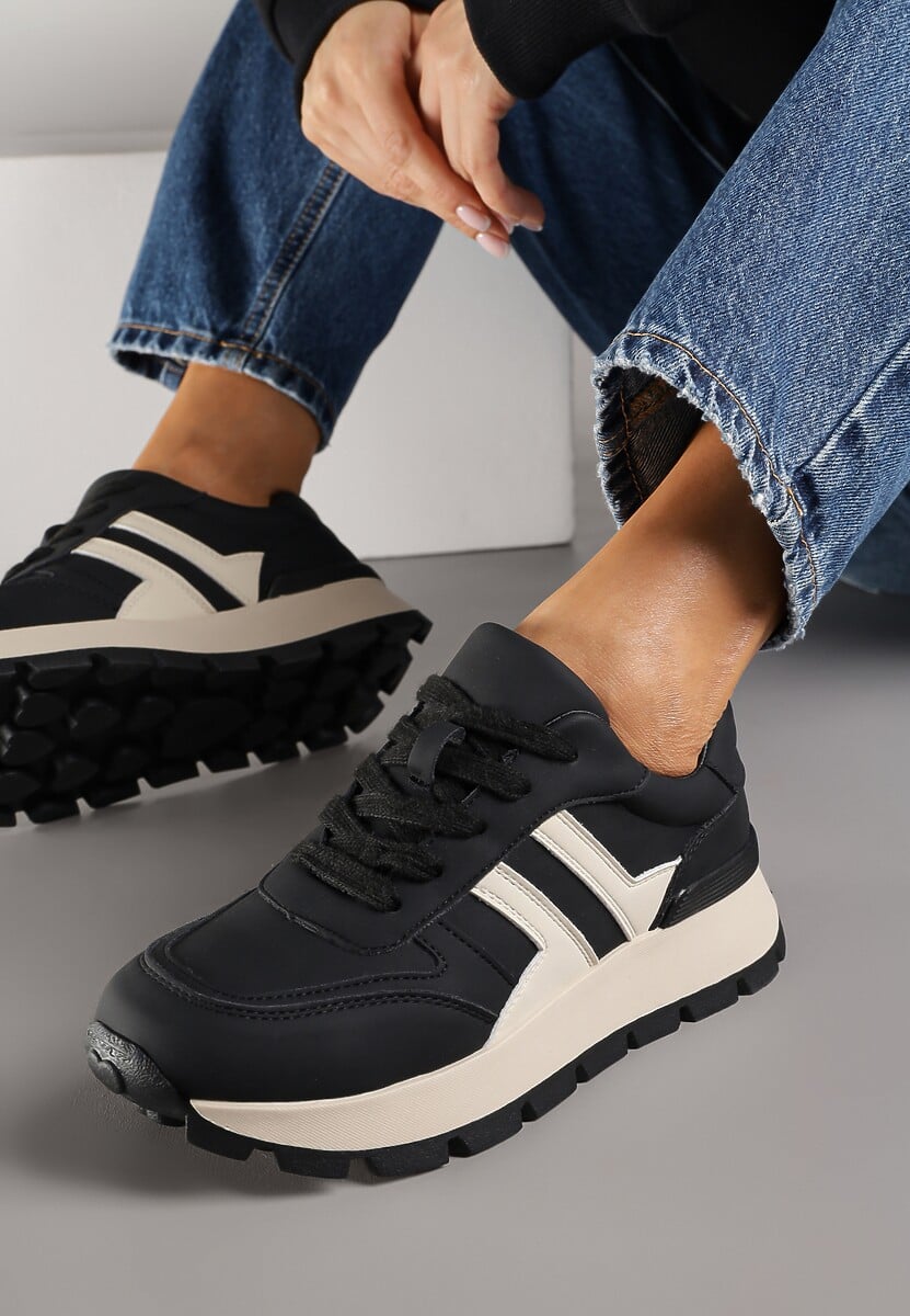 Czarno-Beżowe Sneakersy na Grubej Podeszwie Zdobione Przeszyciami Lulline 1