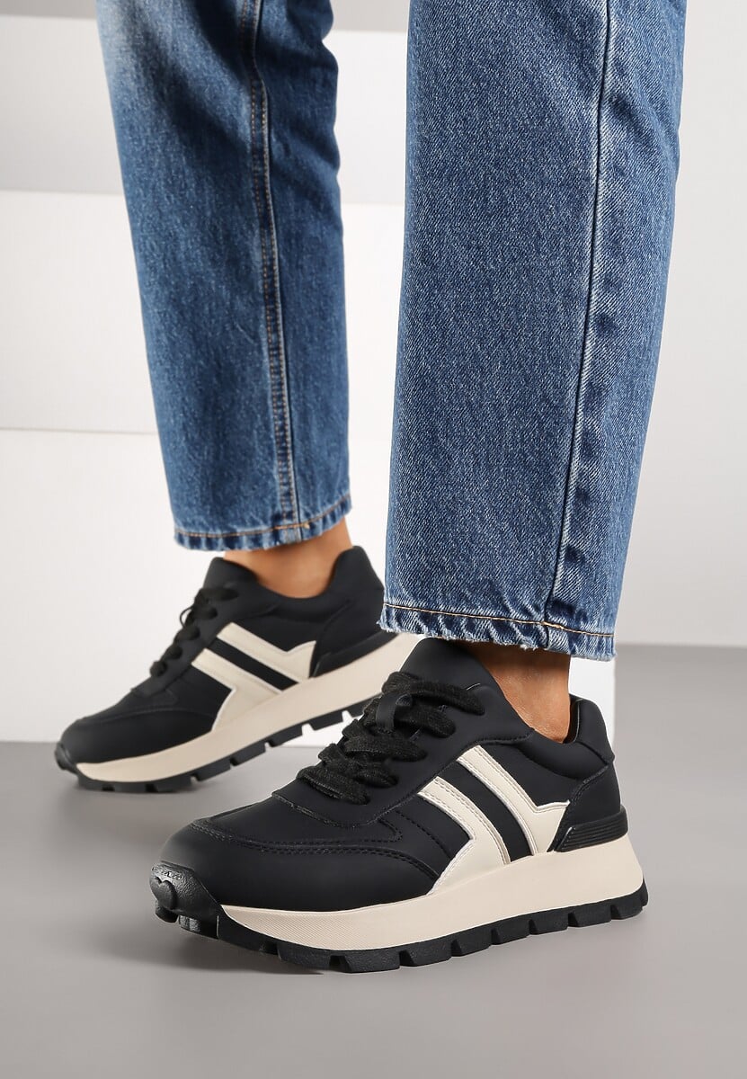 Czarno-Beżowe Sneakersy na Grubej Podeszwie Zdobione Przeszyciami Lulline 2