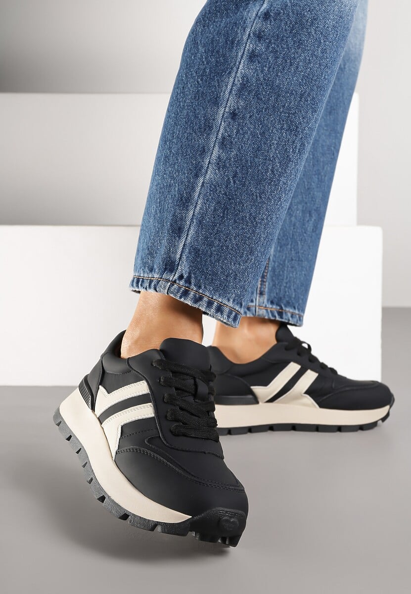 Czarno-Beżowe Sneakersy na Grubej Podeszwie Zdobione Przeszyciami Lulline 3