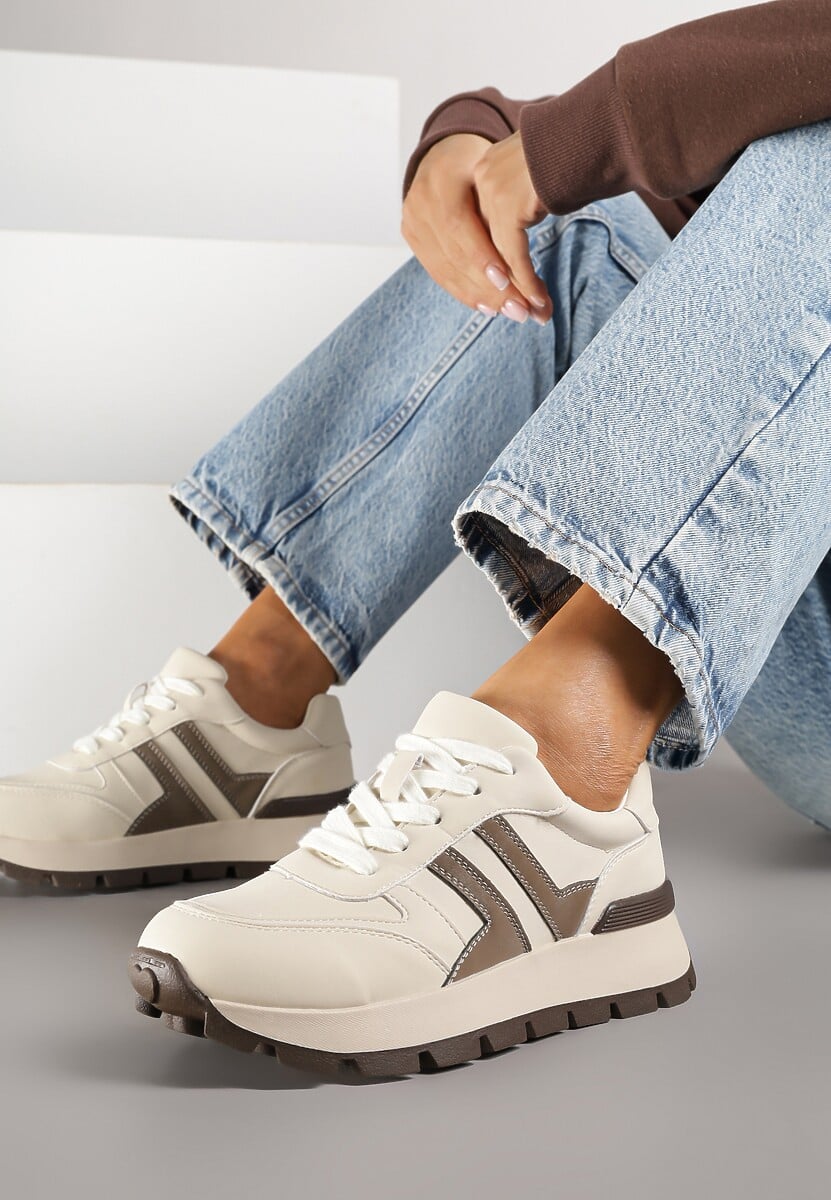 Beżowe Sneakersy na Grubej Podeszwie Zdobione Przeszyciami Lulline 1