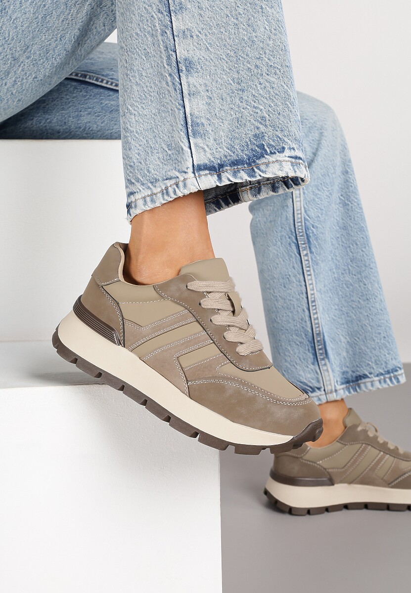 Ciemnobeżowe Sneakersy na Grubej Podeszwie Zdobione Przeszyciami Lulline 3