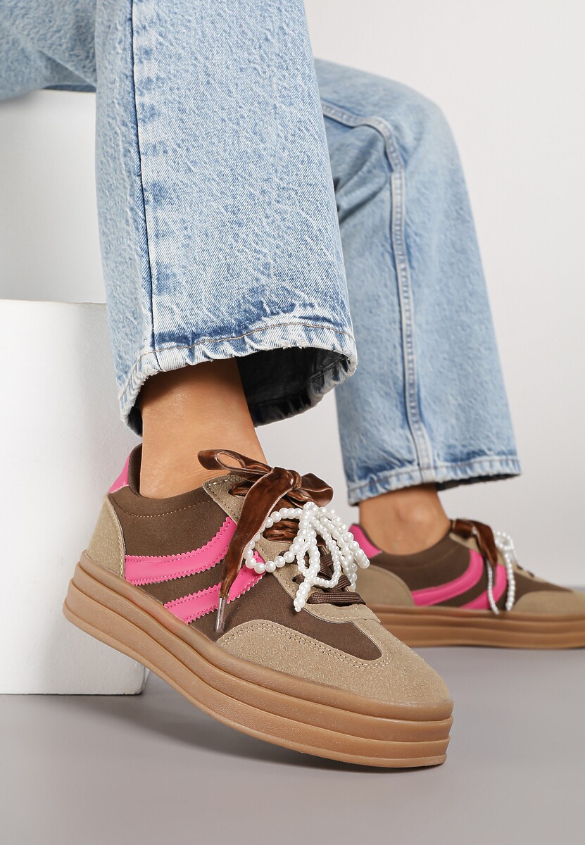 Brązowe Sneakersy Tenisówki na Tłoczonej Platformie Ozdobione Perłami Ashinne 2