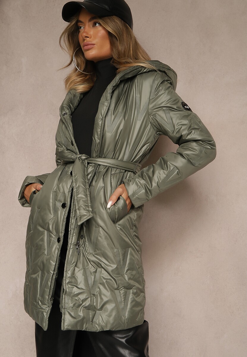 Zielona Pikowana Kurtka z Kapturem i Wiązanym Paskiem Elladie 2