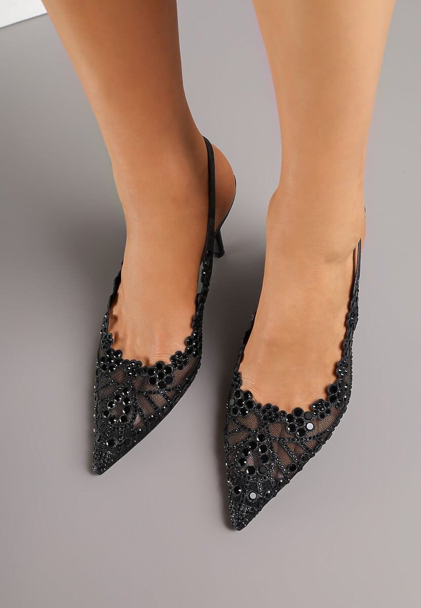 Czarne Sandały na Szpilce Slingback z Ażurową Cholewką Latilena 3