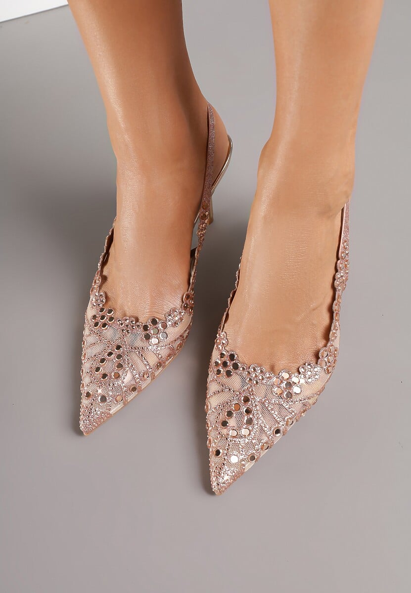 Szampańskie Sandały na Szpilce Slingback z Ażurową Cholewką Latilena 3
