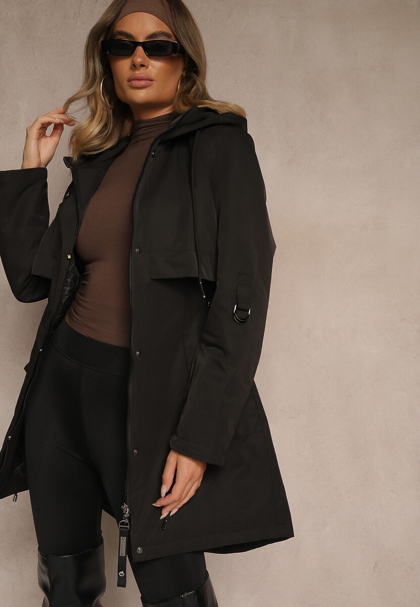Czarna Kurtka Typu Parka z Kapturem o Klasycznym Kroju Tulania 2