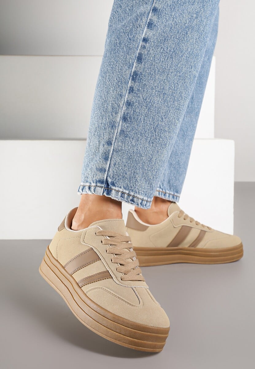 Ciemnobeżowe Sneakersy w Stylu Klasycznych Tenisówek na Platformie Nallania 2