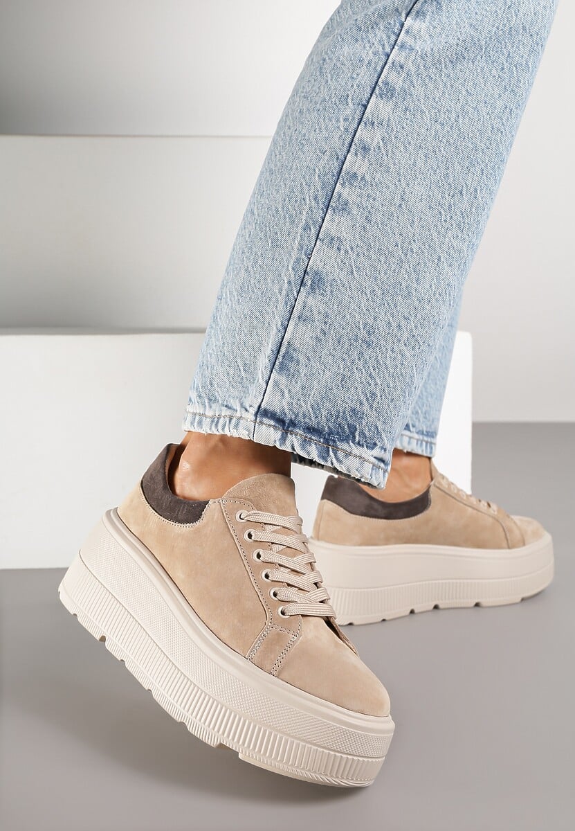 Beżowe Sneakersy na Platformie z Naturalnego Zamszu Latavesa 2