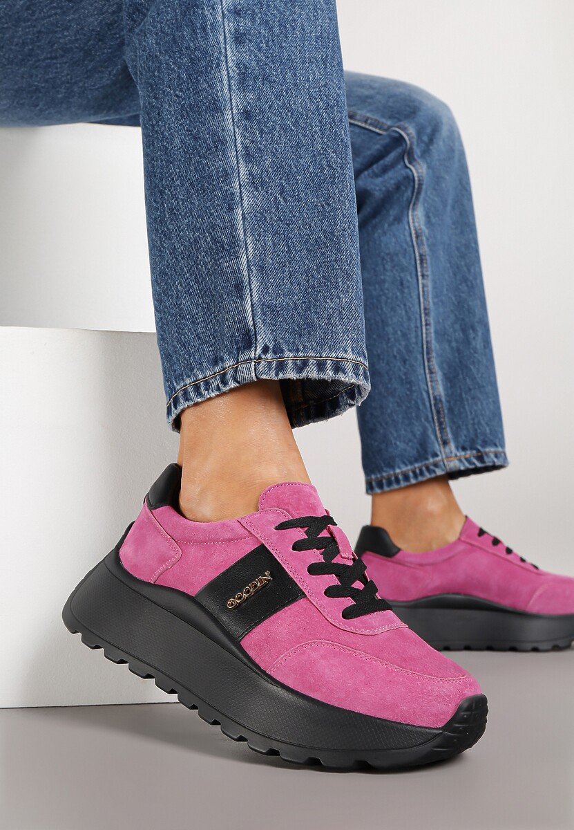 Różowo-Czarne Sneakersy na Platformie z Naturalnego Zamszu z Geometrycznym Wzorem i Napisem Latalissa 2