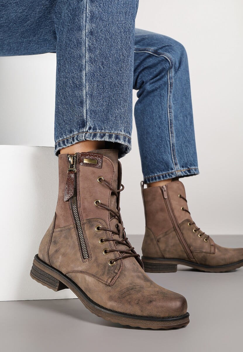 Brązowe Botki w Stylu Vintage ze Sznurowaniem Vemlora 1