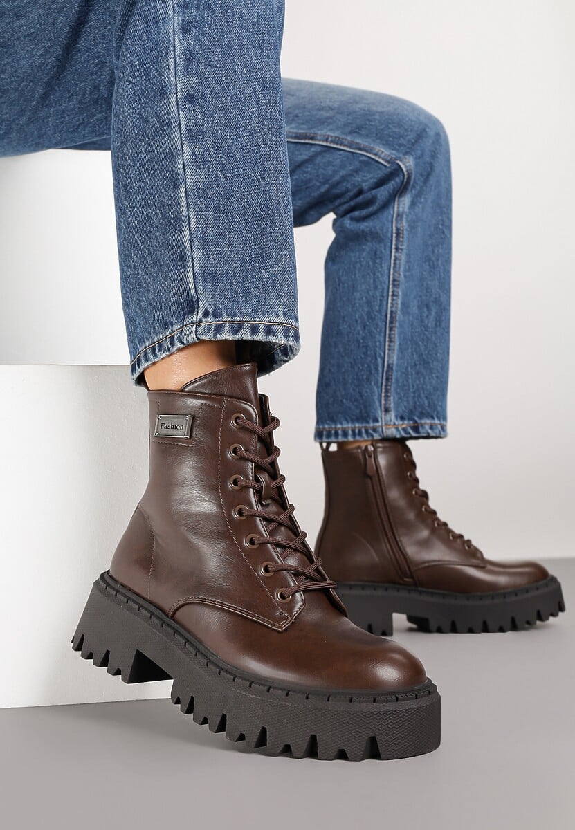 Brązowe Botki Workery w Stylu Basic z Aplikacją przy Cholewce Azelda 1