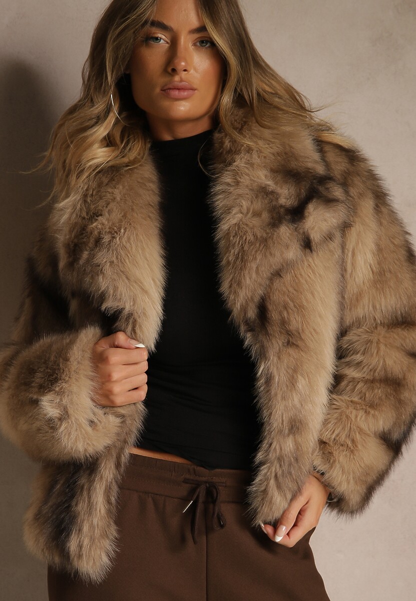 Beżowa Kurtka Futerko z Ozdobnym Kołnierzem Fitene 2