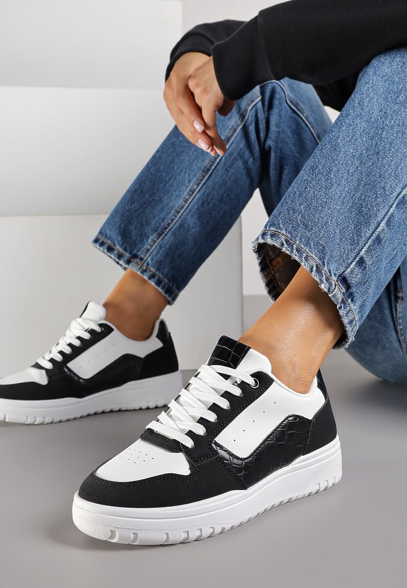 Biało-Czarne Sneakersy Ozdobione Perforacją i Geometrycznym Motywem Idariele 1