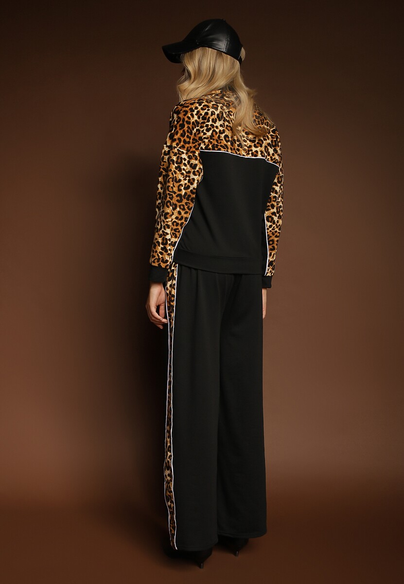 Czarny Komplet Dresowy z Panterkowymi Wstawkami Bluza i Spodnie Wide Leg Redrie 3