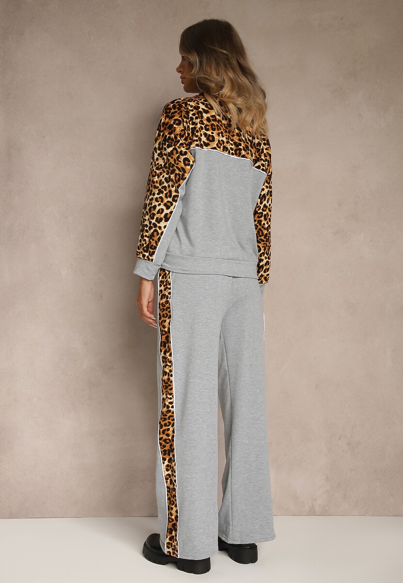 Szary Komplet Dresowy z Panterkowymi Wstawkami Bluza i Spodnie Wide Leg Redrie 3