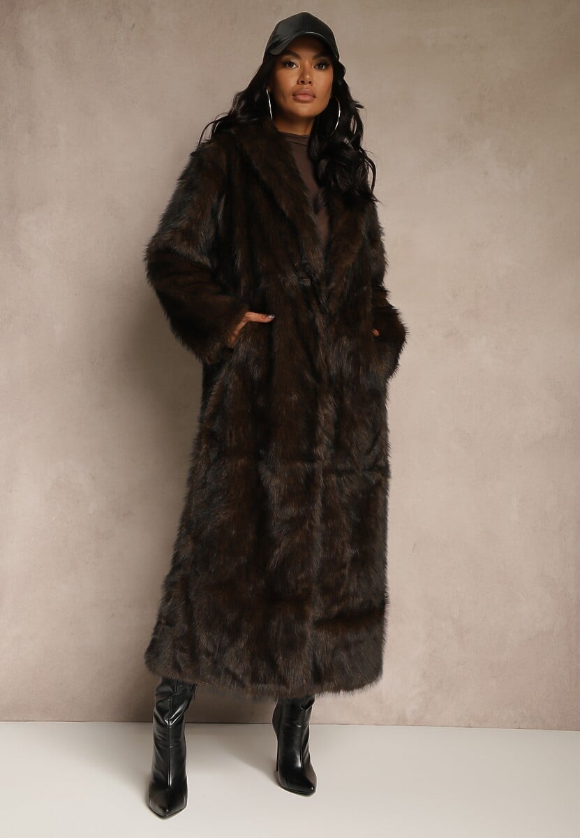 Brązowy Płaszcz Futerko o Długim Kroju Ozdobiony Kołnierzem Cannesa 2