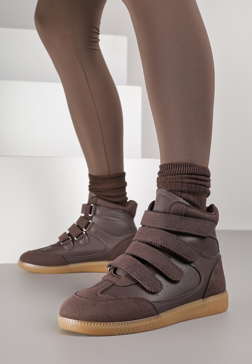 Brązowe Sneakersy na Ukrytym Koturnie Ozdobione Przeszyciami Tlavie 2