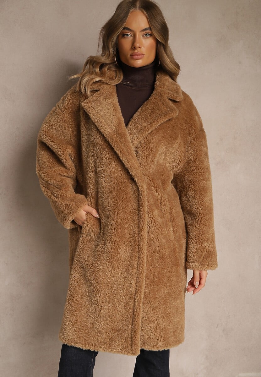 Brązowy Płaszcz Teddy o Dwurzędowym Kroju Oversize Azzena 1