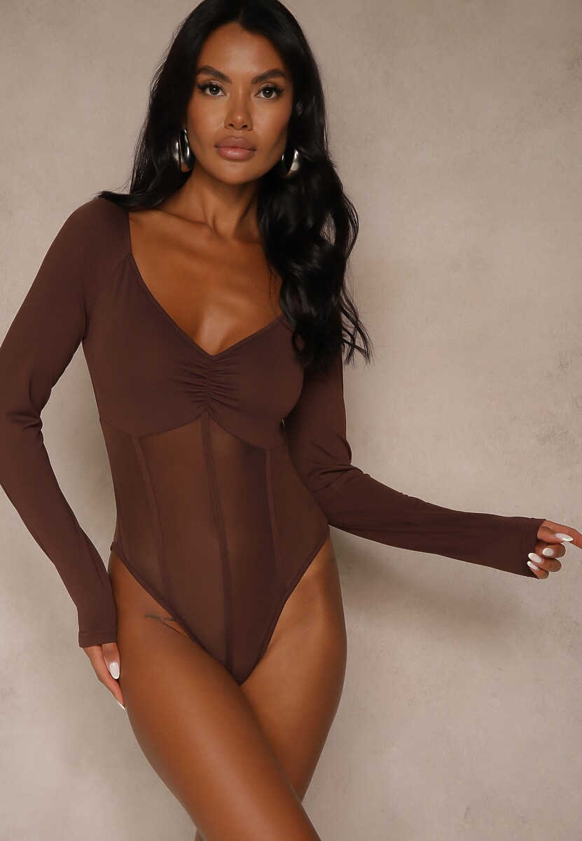 Brązowe Body Vices o Fasonie Longsleeve z Dekoltem w Kształcie V Asstre 2