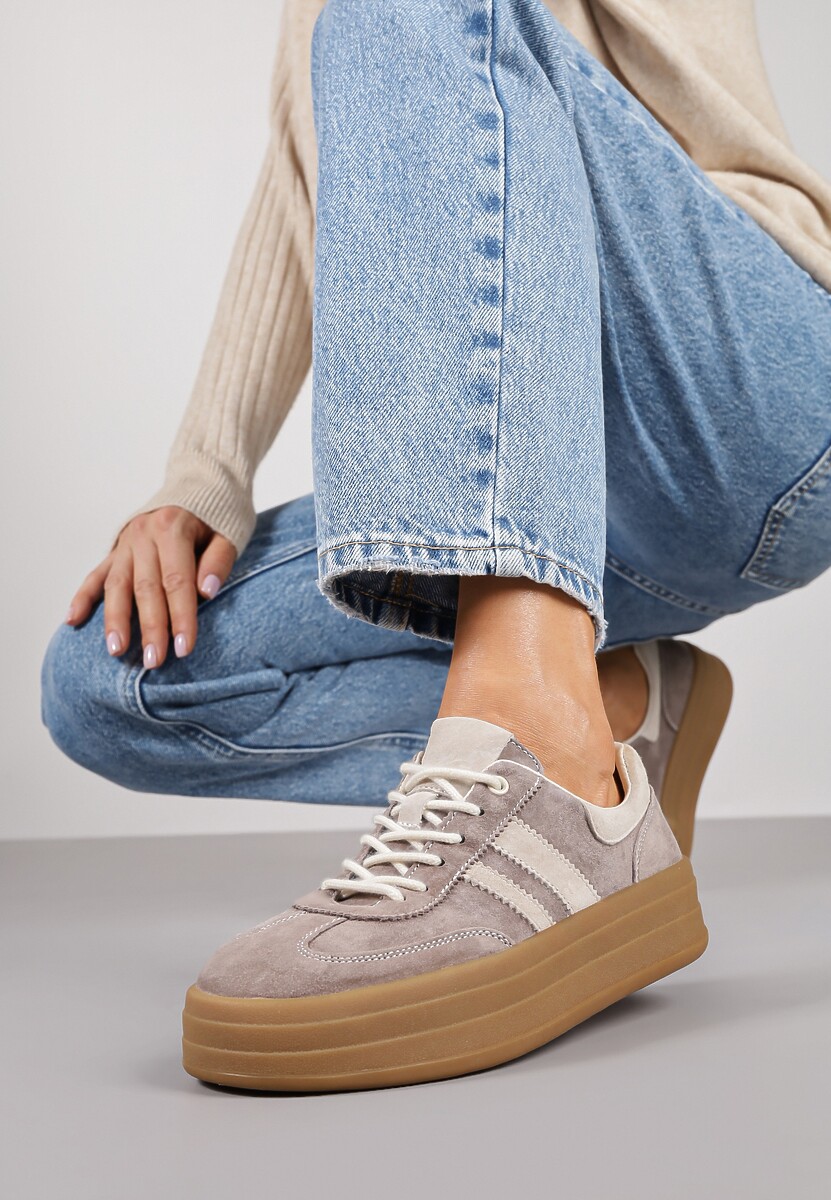 Brązowe Sneakersy Zamszowe na Platformie ze Skórzaną Wkładką Ozdobione Paskiem Adivrie 2
