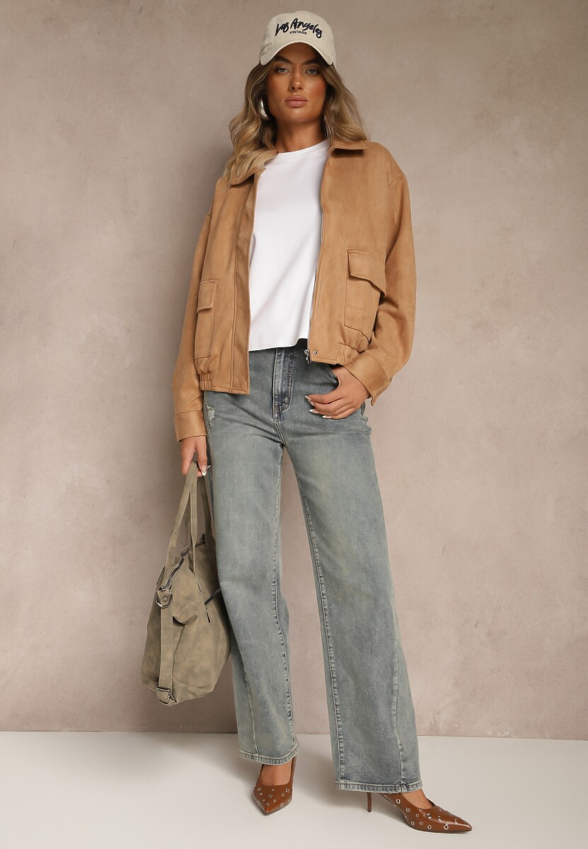 Beżowa Przejściowa Kurtka Bomberka o Koszulowym Kroju z Imitacji Zamszu Irvila 1