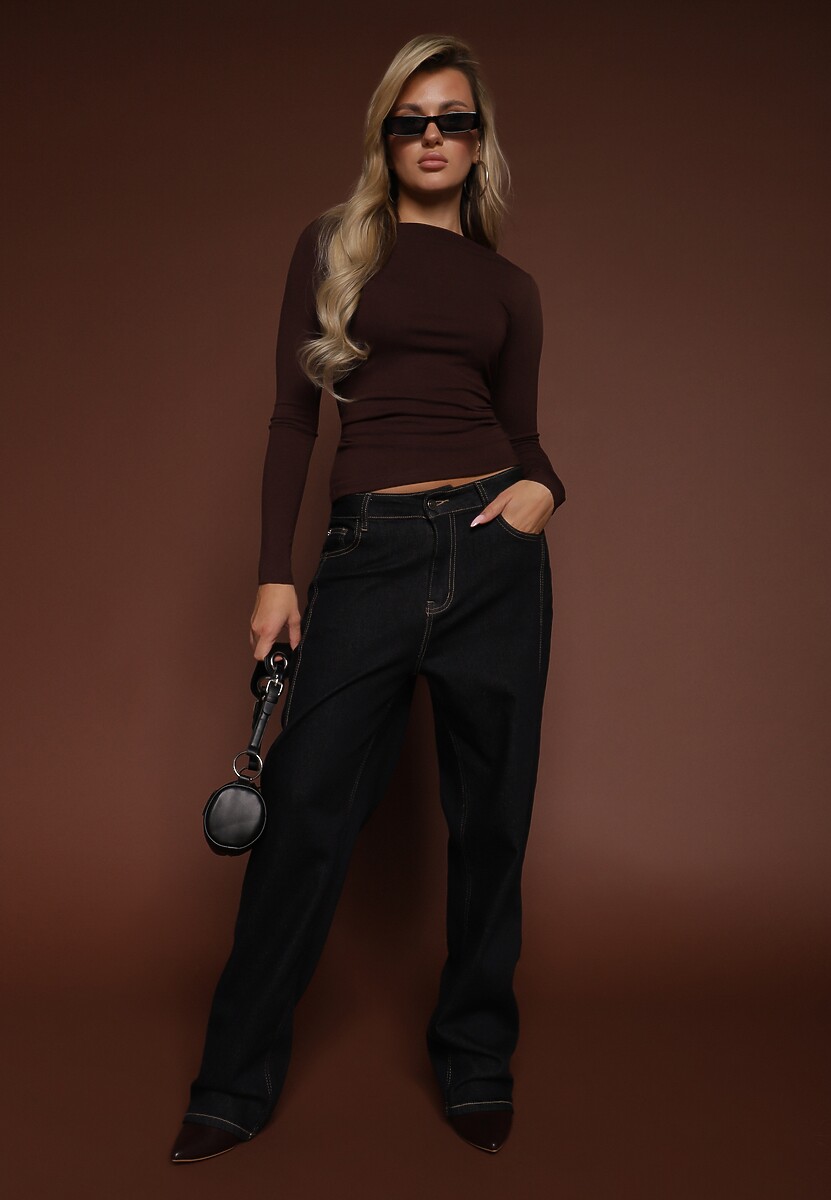 Brązowa Wiskozowa Bluzka Longsleeve z Dekoltem Typu Łódka Zaide 2