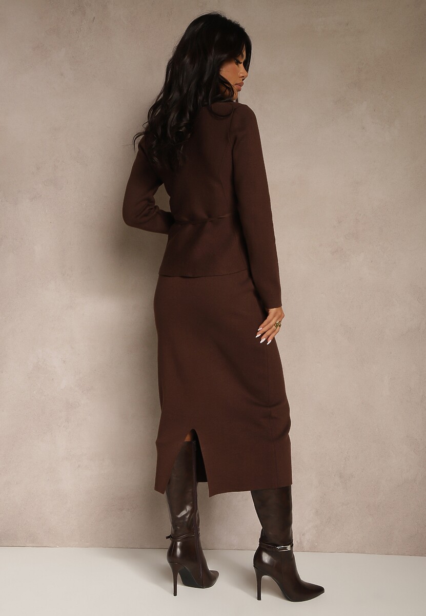 Brązowy Elegancki Komplet Garniturowy z Wiskozą Taliowana Marynarka i Spódnica Zaite 3
