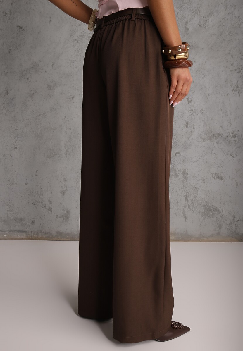 Brązowe Szerokie Spodnie Garniturowe Ozdobione Paskiem Cirrive 3