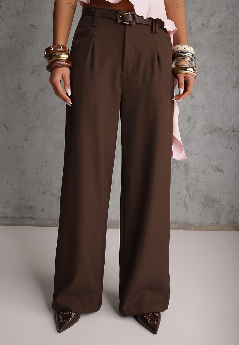 Brązowe Szerokie Spodnie Garniturowe Ozdobione Paskiem Cirrive 2