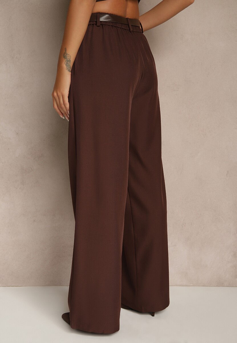 Brązowe Garniturowe Spodnie Wide Leg z Dodatkowym Paskiem Cintriane 3