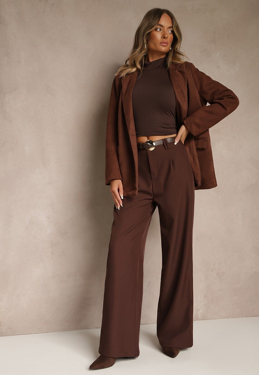 Brązowe Garniturowe Spodnie Wide Leg z Dodatkowym Paskiem Cintriane 2