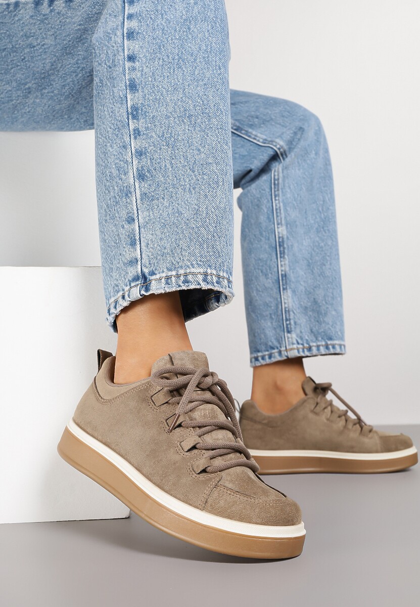 Ciemnobeżowe Sneakersy z Ozdobnymi Przeszyciami Zailera 2