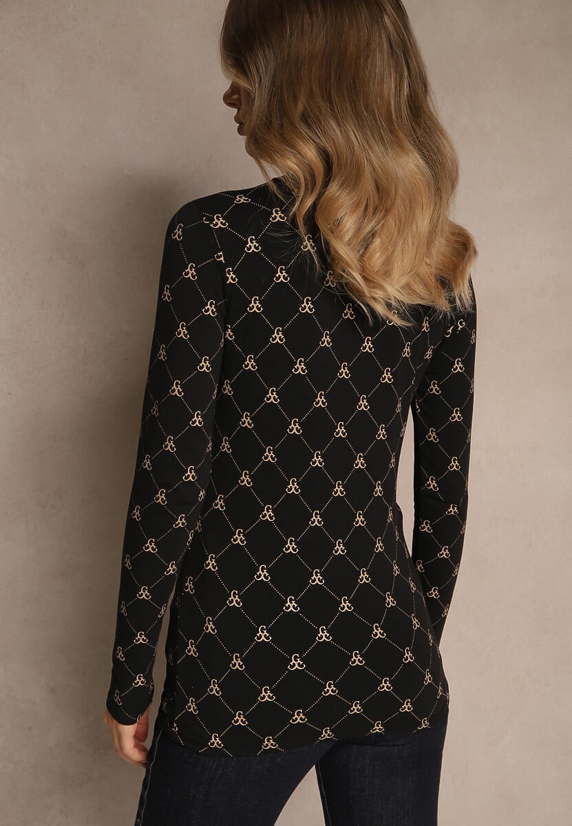 Czarna Bluzka Longsleeve Półgolf z Bawełny Ozdobiona Geometrycznym Nadrukiem Zantila 3