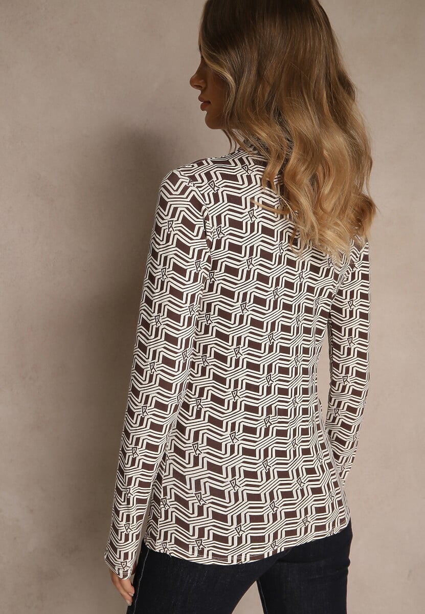 Biało-Brązowa Bluzka Longsleeve z Golfem z Bawełny w Geometryczny Print Zadanevia 3