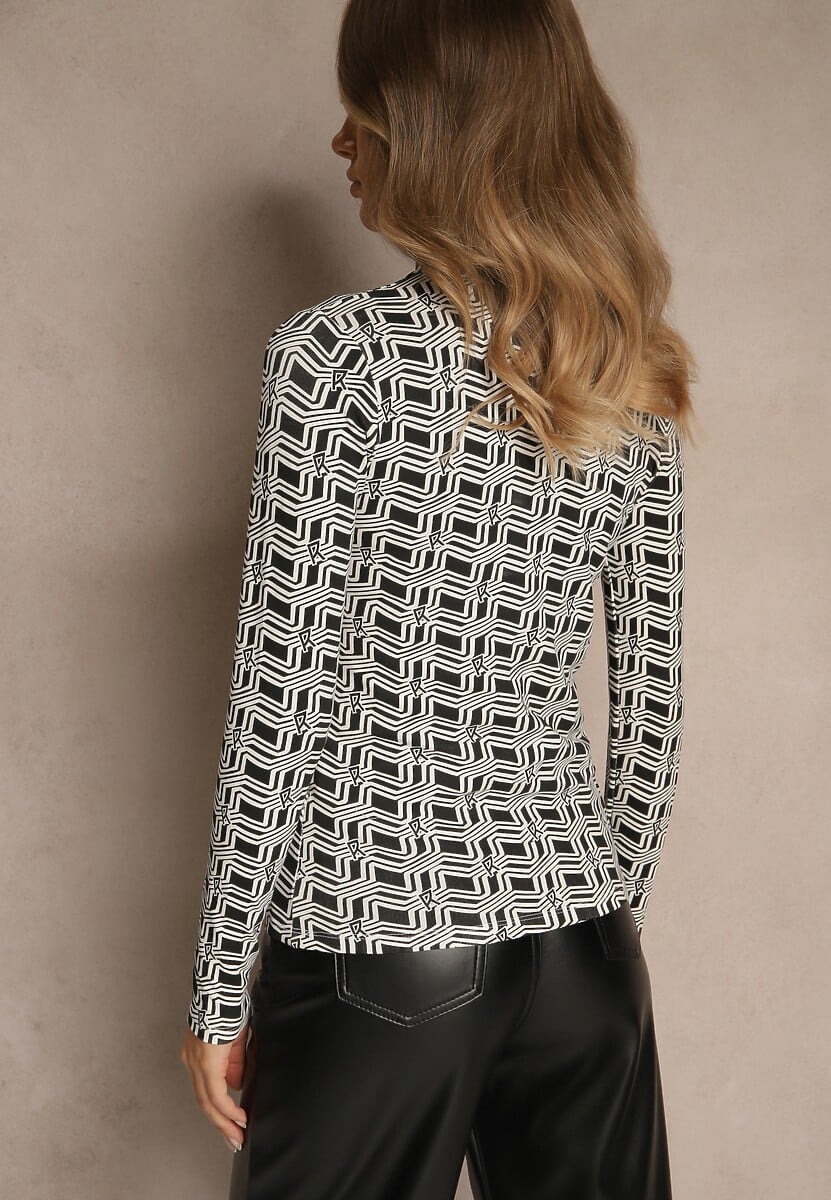 Biało-Czarna Bluzka Longsleeve z Golfem z Bawełny w Geometryczny Print Zadanevia 3
