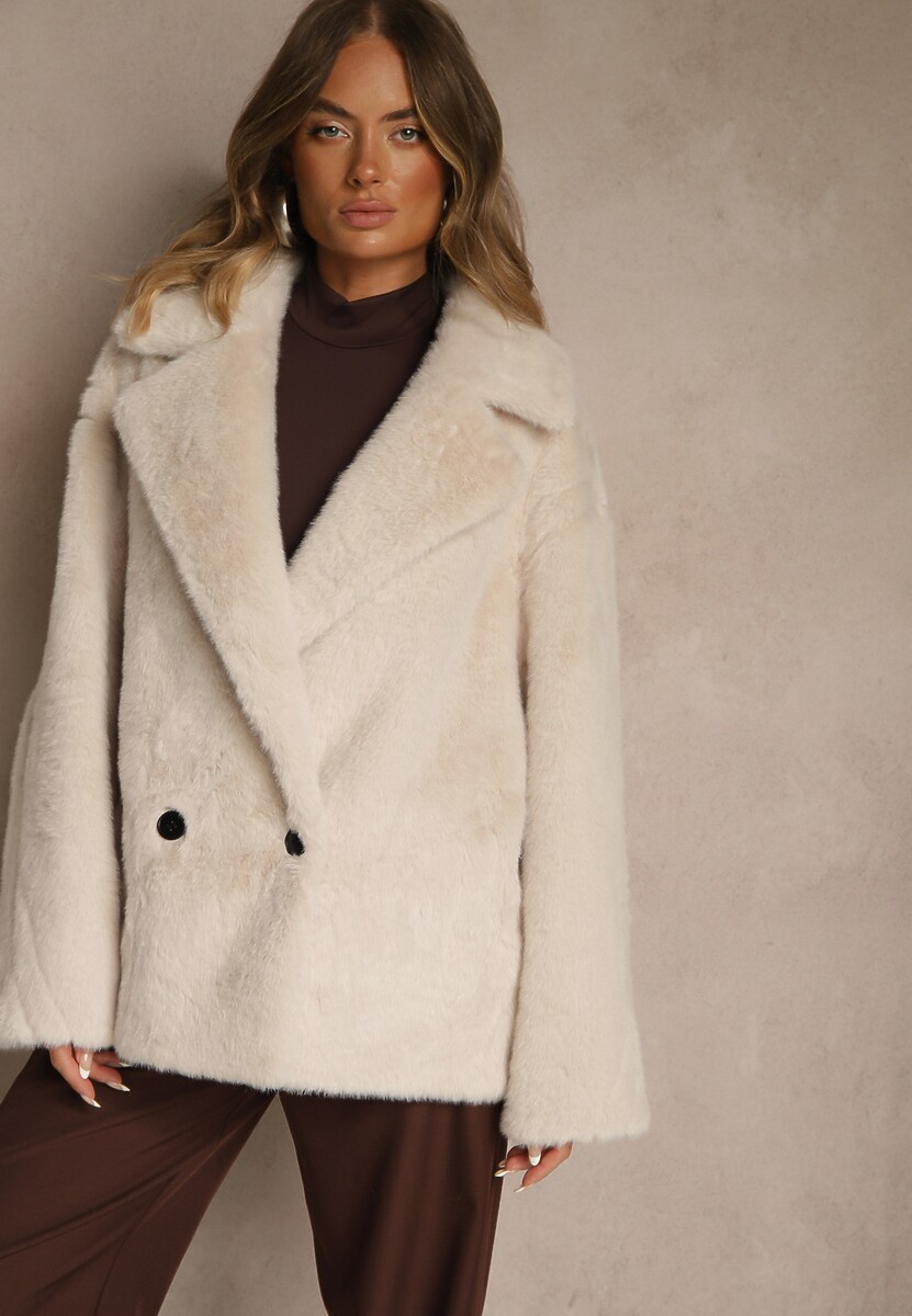 Beżowa Dwurzędowa Kurtka Futerko o Fasonie Oversize Manella 1