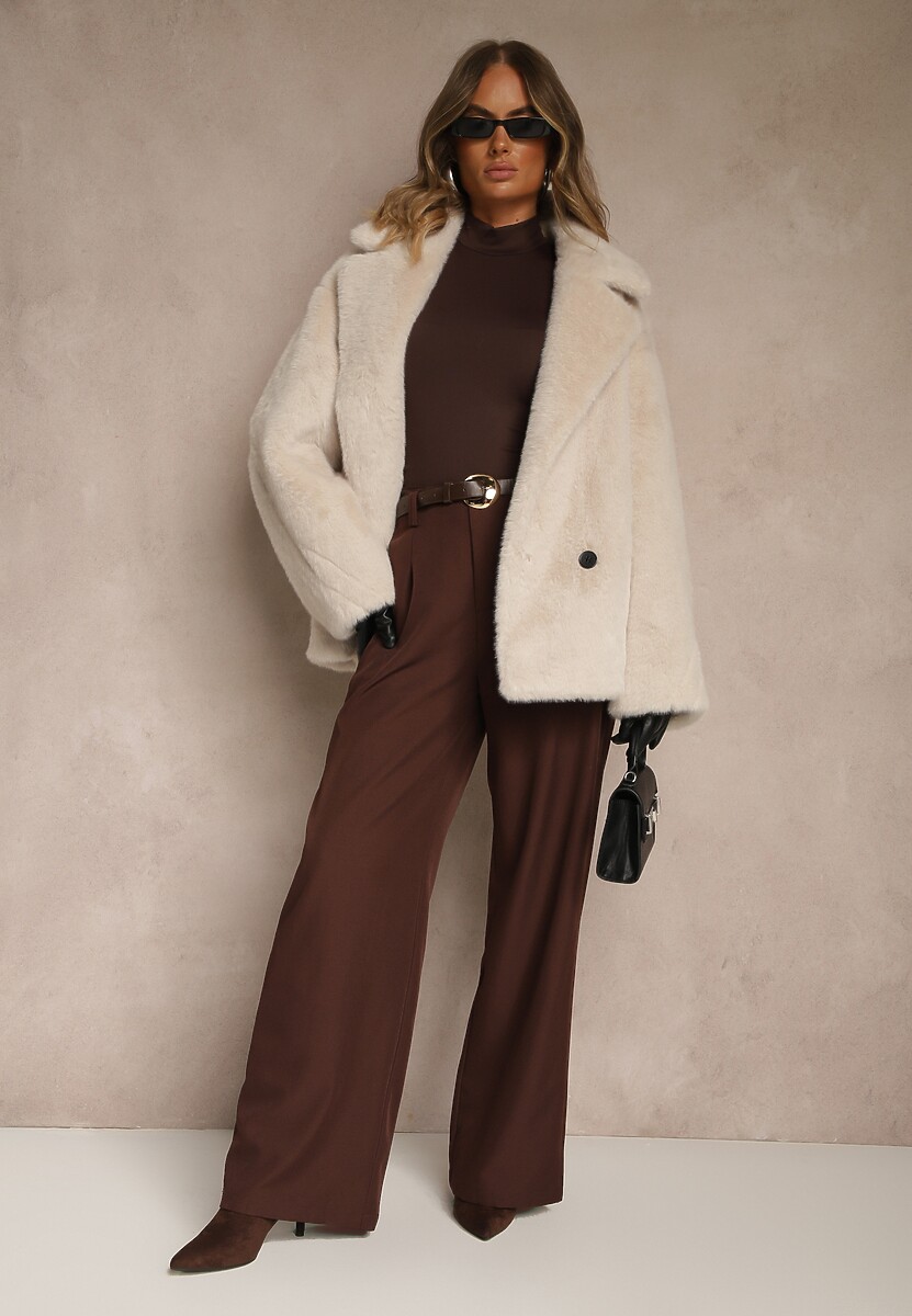 Beżowa Dwurzędowa Kurtka Futerko o Fasonie Oversize Manella 2