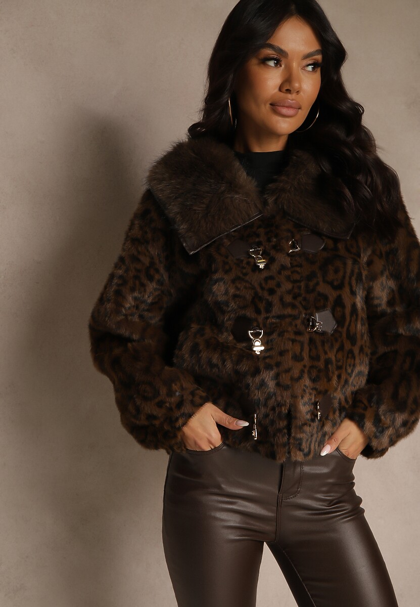 Brązowa Krótka Kurtka Futerko w Panterkę z Oryginalnym Zapięciem Otizana 1