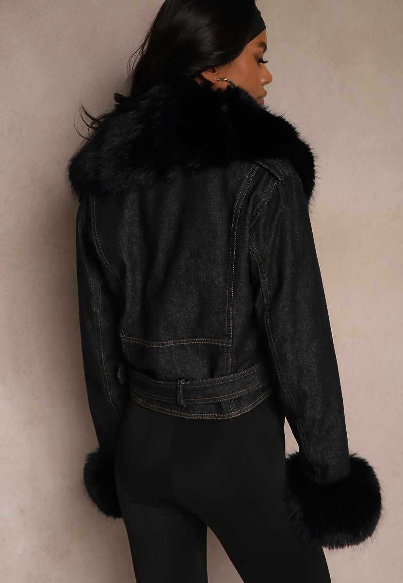 Granatowa Kurtka o Kroju Ramoneski z Ociepleniem Zdobiona Futrem Mevindana 3