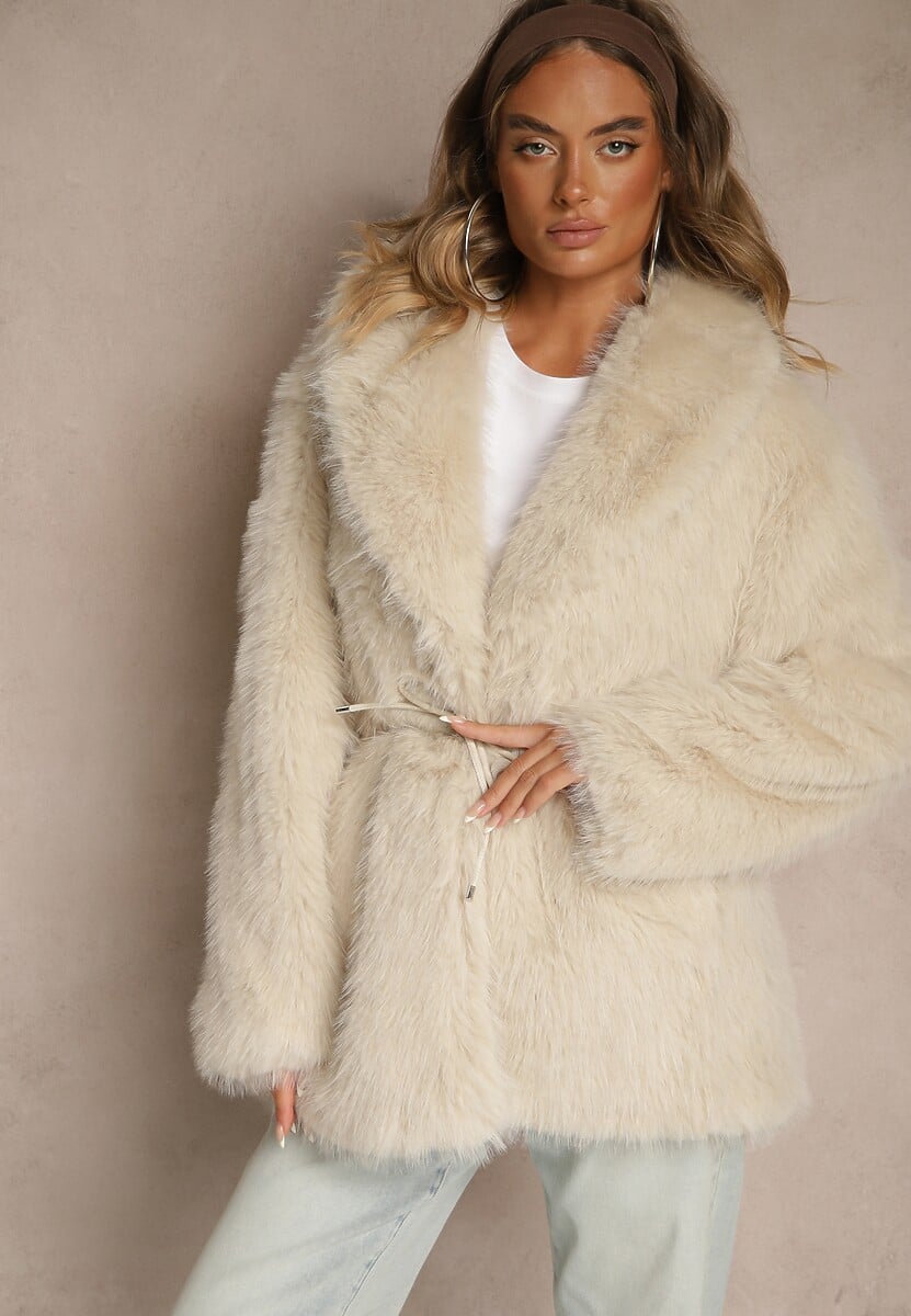 Beżowa Klasyczna Kurtka Futerko z Wąskim Wiązanym Paskiem w Talii Casfitta 3