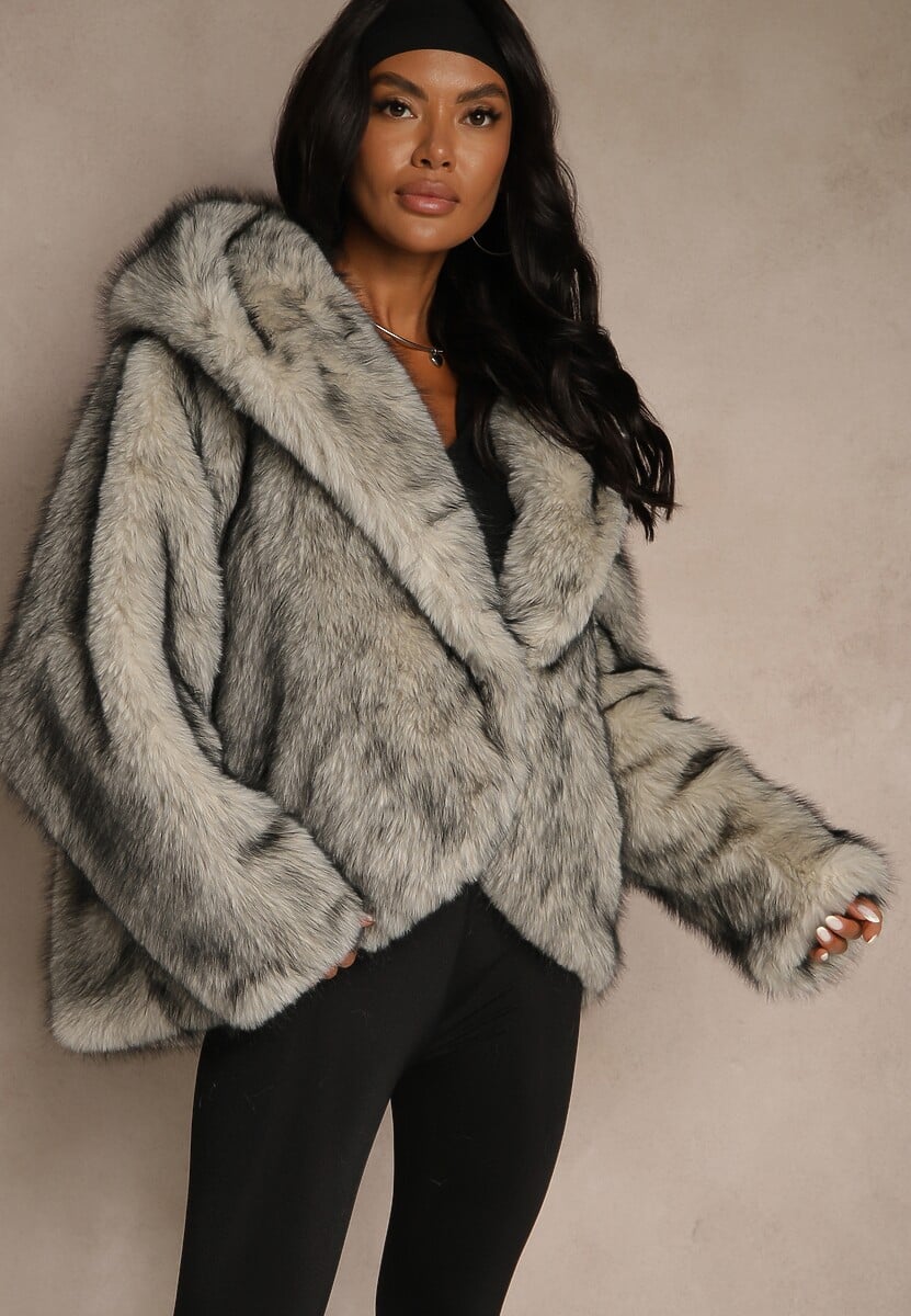 Szara Oversizowa Kurtka Futerko z Kapturem Venelle 3