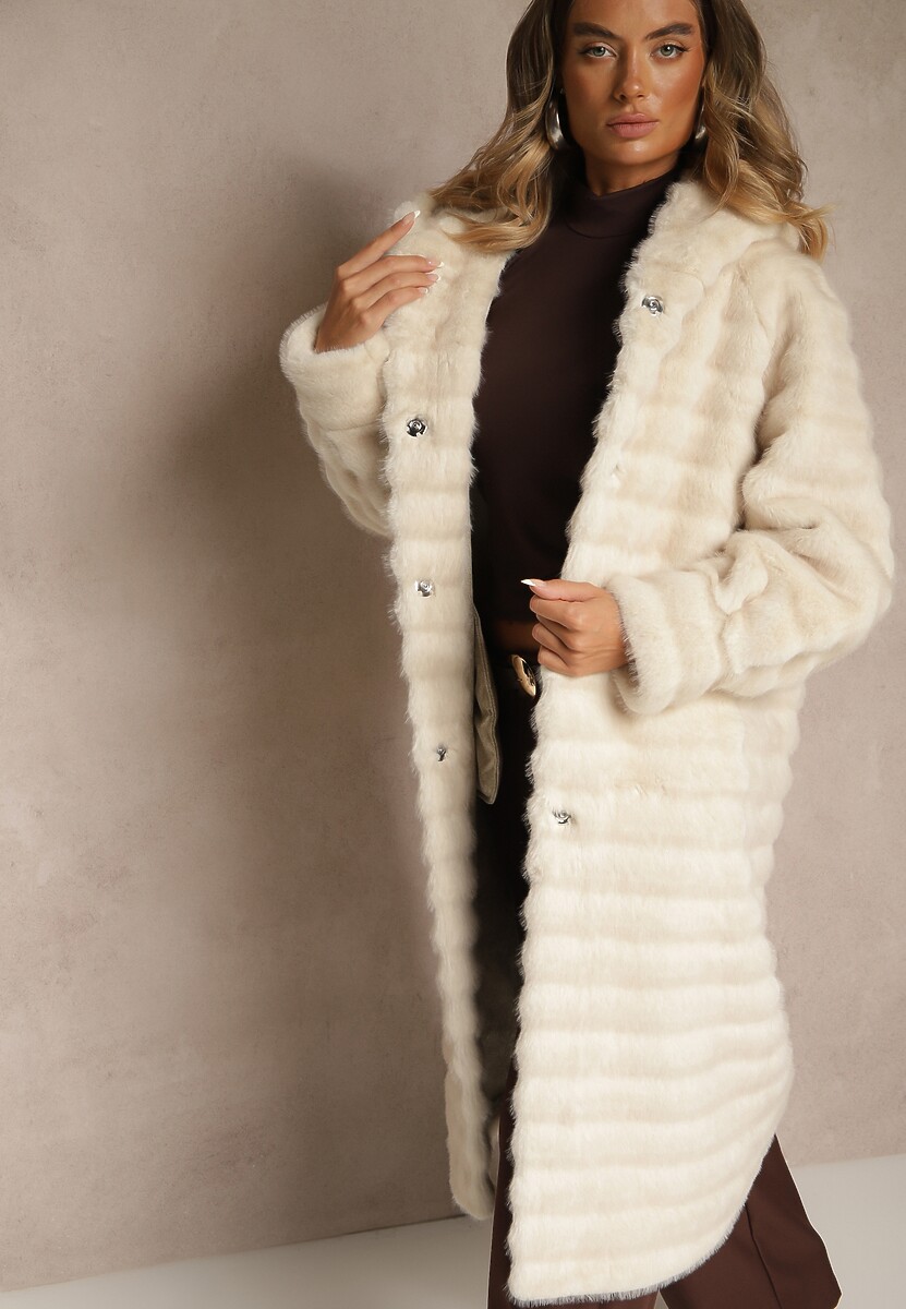 Beżowy Płaszcz Futerko z Ozdobnymi Przeszyciami i Kapturem Esetia 1