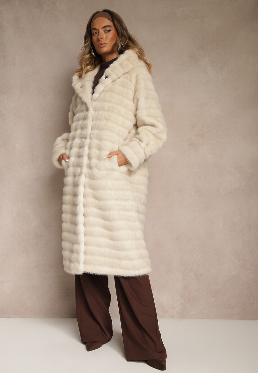 Beżowy Płaszcz Futerko z Ozdobnymi Przeszyciami i Kapturem Esetia 3